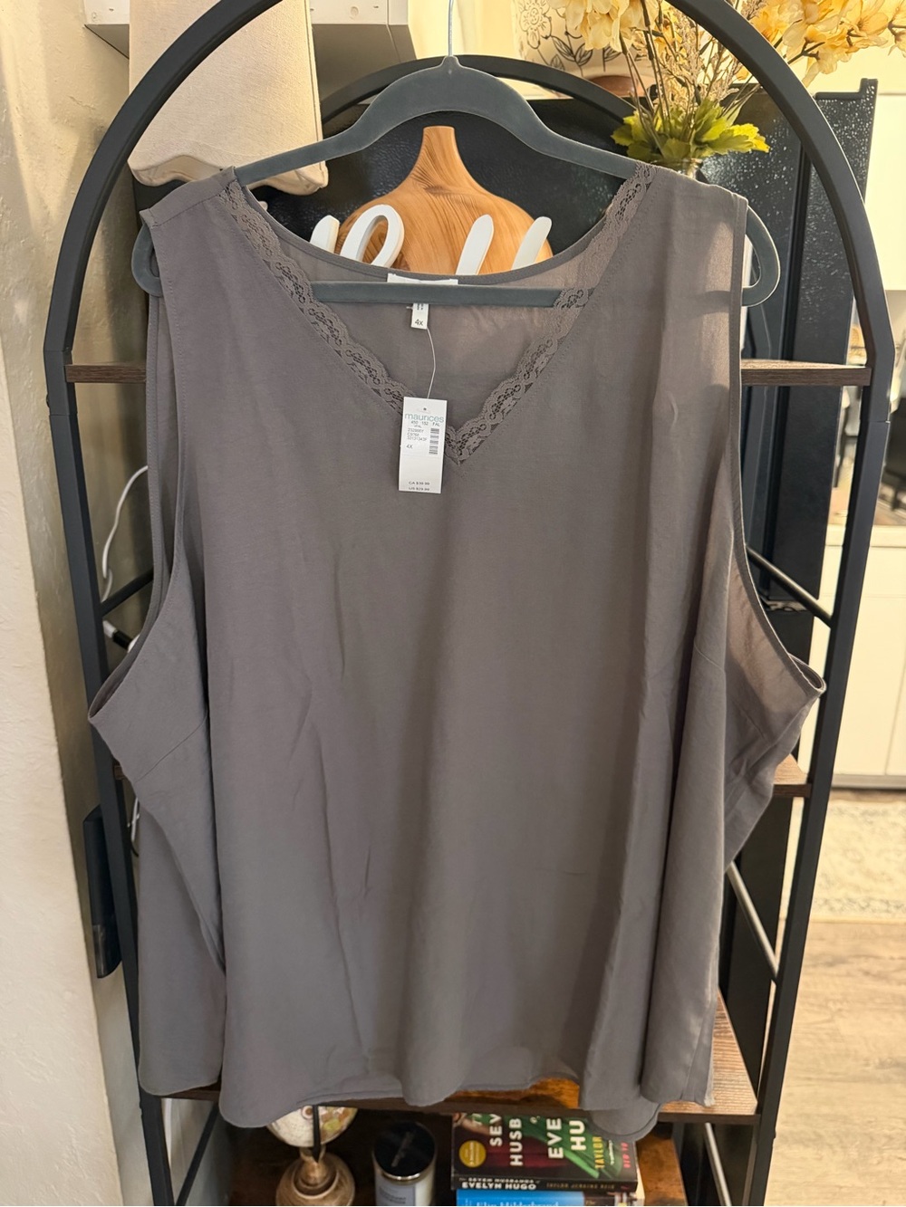 Maurices Taupe Sleeveless V-Neck Tank with Lace Trim